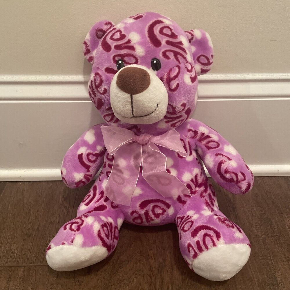 Valentine ANICO Int'l 13" Plush Pink Teddy Bear Pink Ribbon Red‎ Love Prints